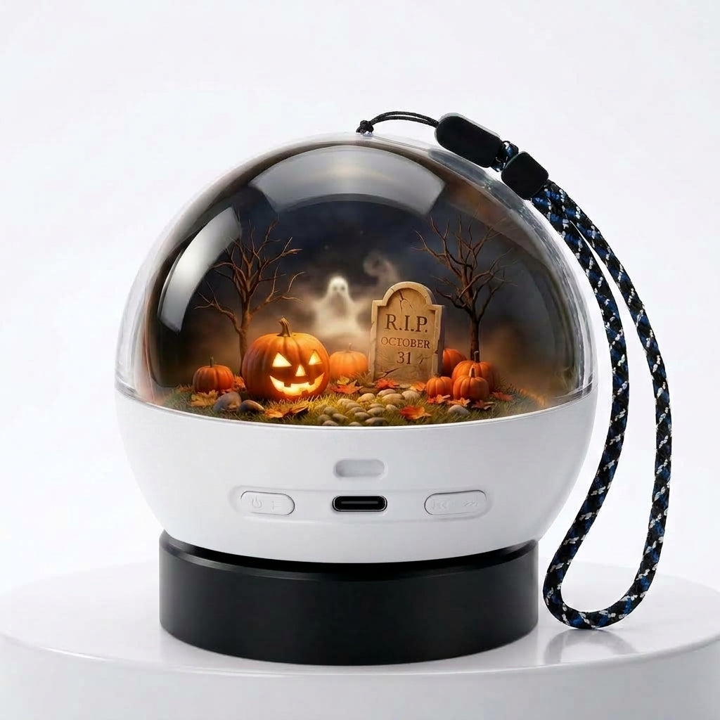 A Halloween-themed portable snow globe speaker with a white body, black base, and a black-and-blue carrying strap. Inside the clear globe, a spooky scene features jack-o'-lanterns, bare trees, a tombstone reading 'R.