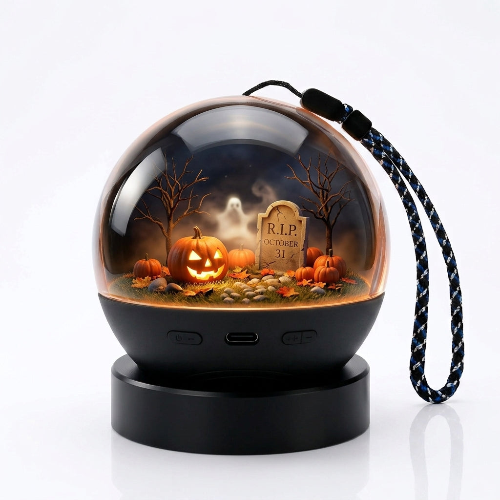 A Halloween-themed miniature snow globe with a black base and carrying strap, featuring a carved jack-o'-lantern, pumpkins, tombstones, bare trees, and a ghost under a dark night sky.
