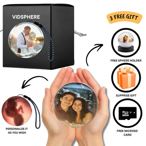 Vidsphere product with packaging, hands holding a sphere, and additional gifts on a white background.