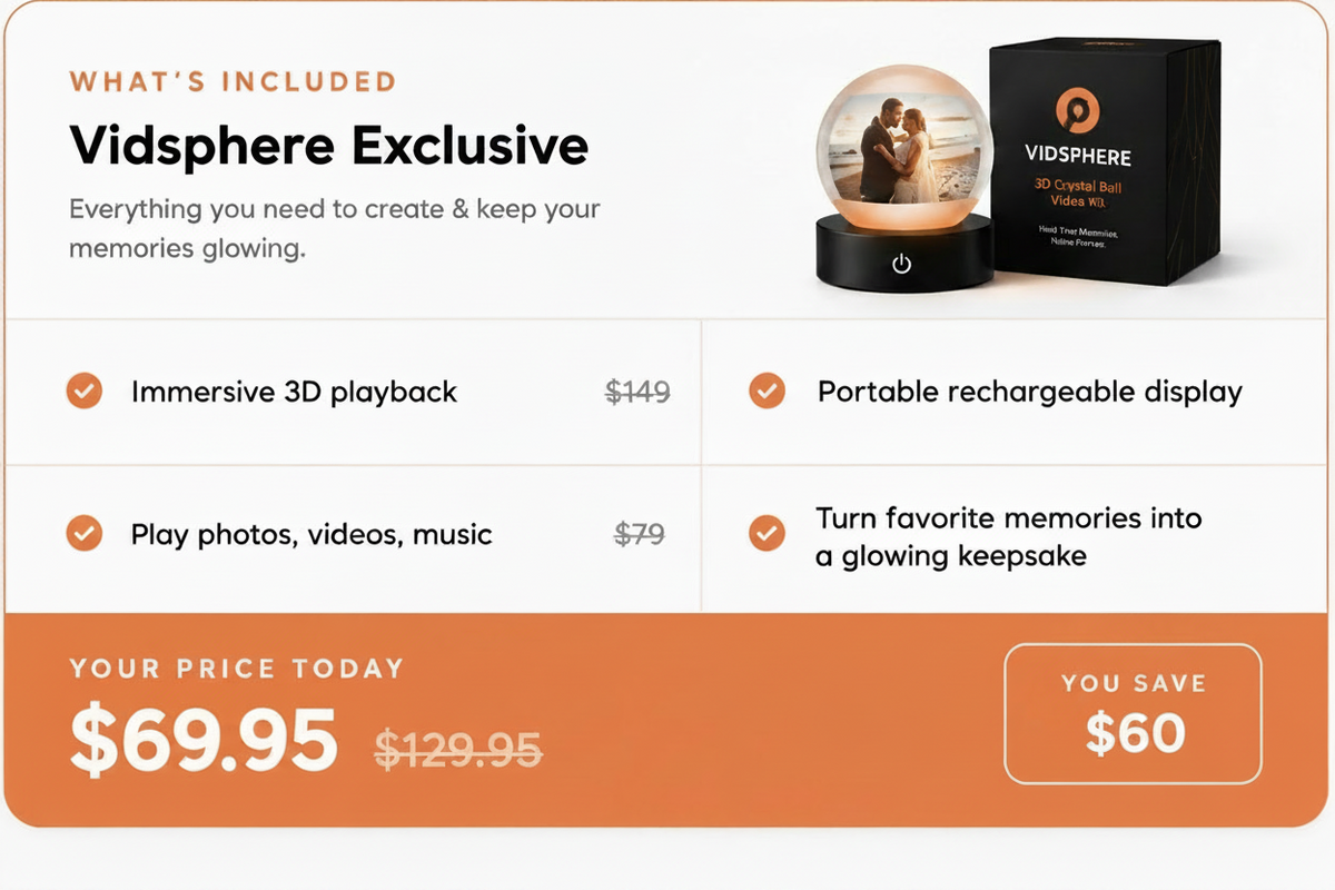Promotional graphic for the Vidsphere Exclusive bundle, showing a black Vidsphere box, a glowing keepsake display with a couple inside, and a black circular base. Text lists included items such as immersive 3D playback, a portable rechargeable display, photo/video/music playback, and memory-to-glow keepsakes.